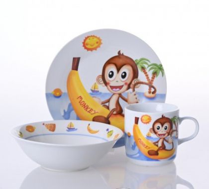 Детски порцеланов сервиз за хранене 3 части Маймунка